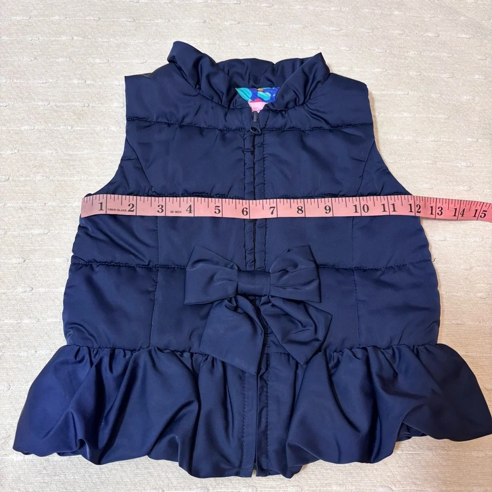 Lilly Pulitzer Girl's Navy Blue Mini Kate Puffer Vest Ruffle Bow Detail Size 4-5